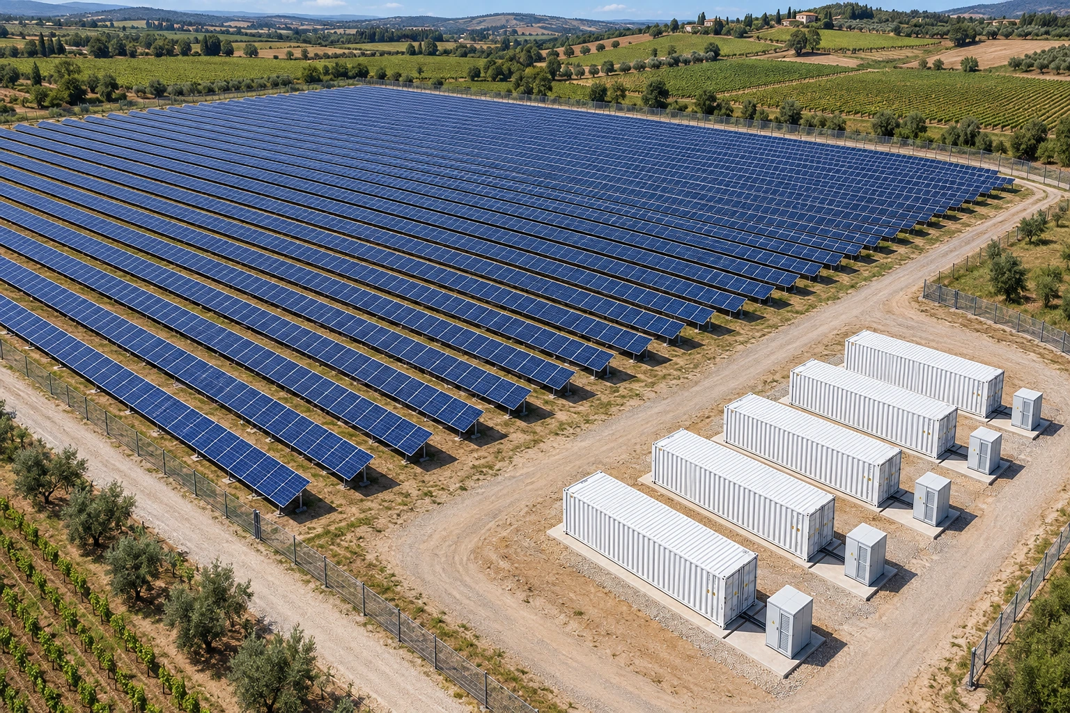 Vista aerea illustrativa di un grande impianto fotovoltaico con container BESS e unità PCS