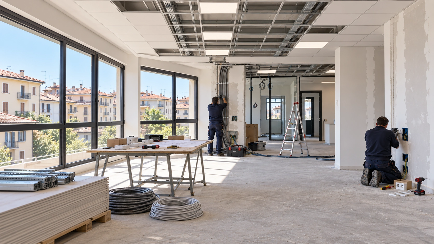 Elettricisti al lavoro in un ufficio, ripresi di spalle
