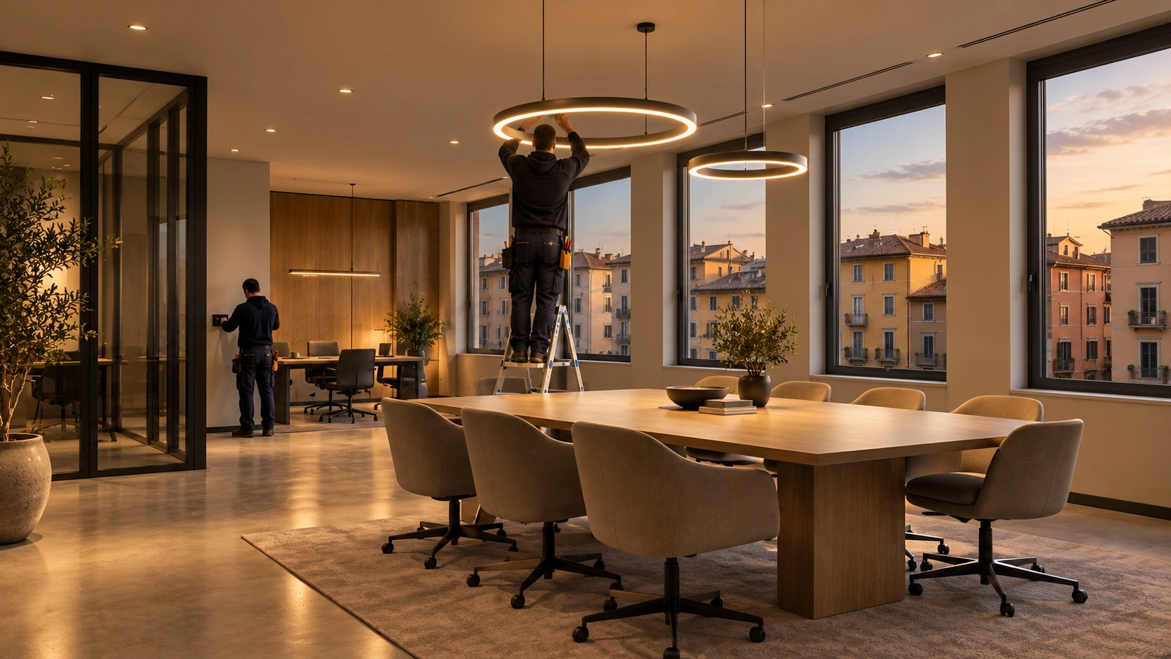 Elettricisti installano l’illuminazione di un ufficio, ripresi di spalle